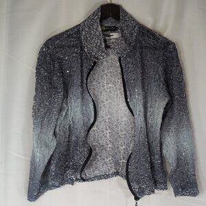 Damee Inc Jacket M Medium Women's Mesh Sequin Blue Gray Collar Sheer 3/4 Sleeve